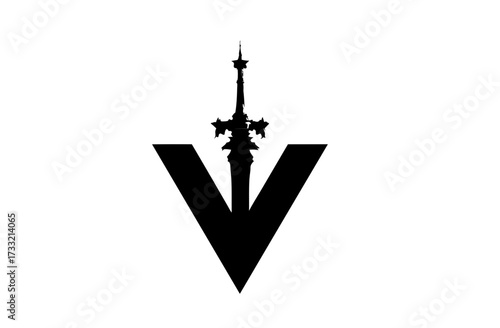 Modern graphic symbol of a black sword piercing an inverted triangle or letter V, abstract vector icon for strength, victory, and challenge.