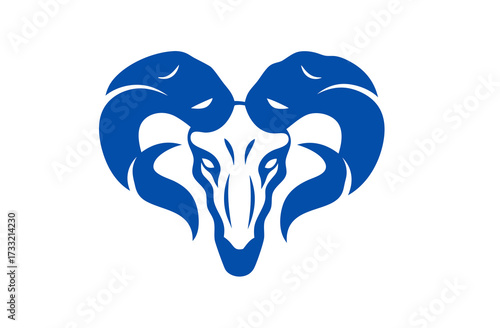 Stylized blue ram head illustration, a powerful animal symbol or mascot graphic on a clean white background, minimalist design.