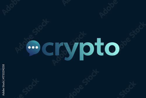 Modern crypto text with speech bubble icon on dark blue background, representing digital currency, blockchain, and online chat