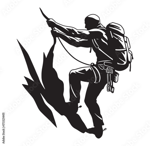 Silhouette of a climber ascending a rock face with climbing equipment on a white background