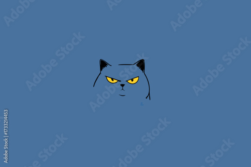 Grumpy cartoon cat face illustration with angry yellow eyes on a solid blue background. Minimalist flat design vector art.