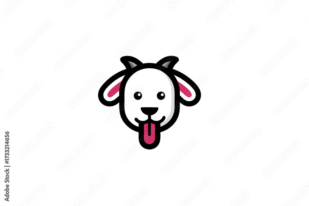 Naklejka premium Friendly cartoon baby goat head illustration with pink tongue sticking out, adorable white animal character design, vector graphic