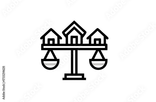 Real Estate Scale Icon showing Property Valuation, Home Investment Balance, Housing Market Comparison, and Financial Decisions