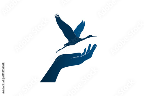Stylized blue bird taking flight from an outstretched human hand, symbolizing freedom, nature conservation, and wildlife protection