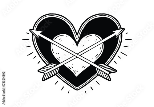 Heart pierced by two arrows, black and white drawing