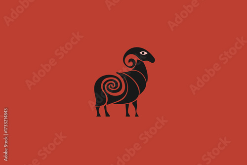 Stylized black ram illustration with spiral body patterns and curved horns on a vibrant red background. Abstract animal art.