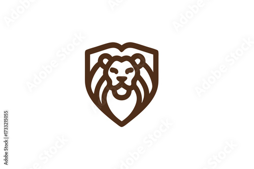 Minimalist brown line art lion head shield icon. Modern outline graphic symbol for strength, courage, protection, and power concept design.