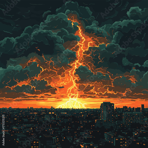 A stunning view of dramatic storm clouds illuminated by lightning, creating a fiery sky over a cityscape at dusk. , vector style simple color