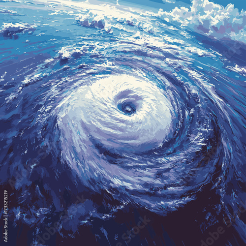 A powerful hurricane spirals over the ocean, showcasing swirling clouds and intense weather patterns from a satellite perspective. , vector style simple color