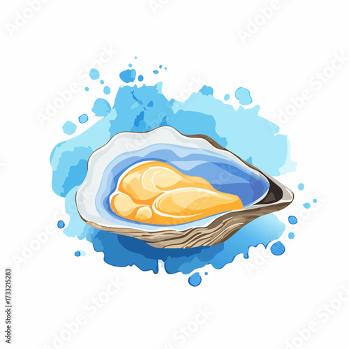 Seafood watercolor illustration, fish mollusk eatery blue kit, vector hand drawn ocean fresh oyster.