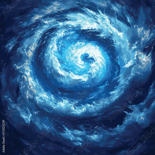 A powerful hurricane spirals over the ocean, showcasing swirling clouds and intense weather patterns from a satellite perspective. , vector style simple color
