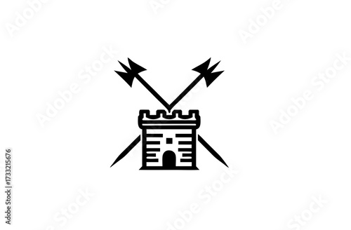 Medieval castle tower icon with crossed arrows, a symbol of strength, protection, and historical defense, vector graphic illustration.