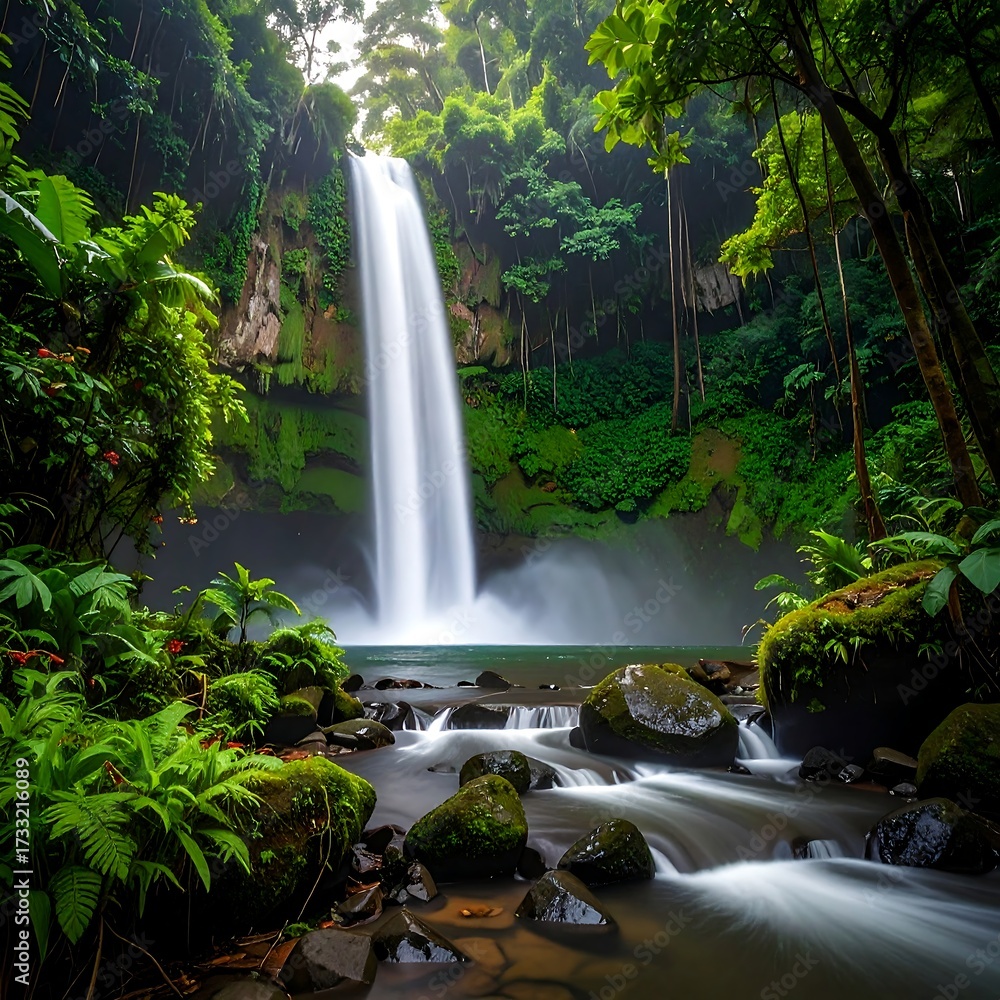Fototapeta premium Lush waterfall cascading through tropical forest
