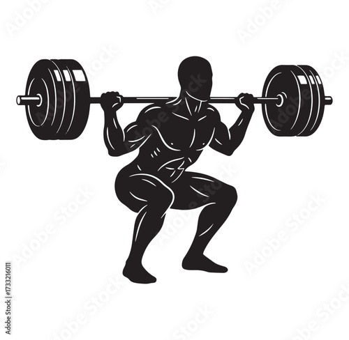 Silhouetted muscular person performing a barbell squat exercise in a gym or workout