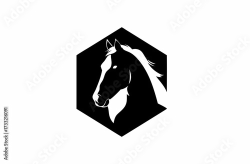 Elegant Black and White Horse Head Silhouette Illustration in Modern Geometric Hexagon Shape - Stylized Equine Graphic Design Element