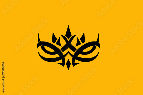 Ornate black tribal crown icon on vibrant yellow background, abstract regal emblem design, stylized royalty symbol graphic.