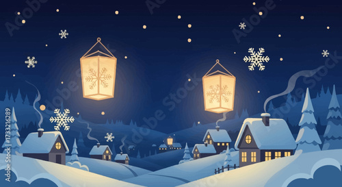 Two glowing lanterns illuminate a snowy winter village scene at night.