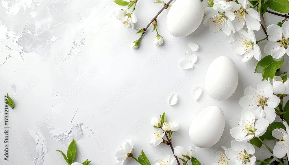 Fototapeta premium Overhead view of three eggs and white blossoms on a marbled, light-colored background