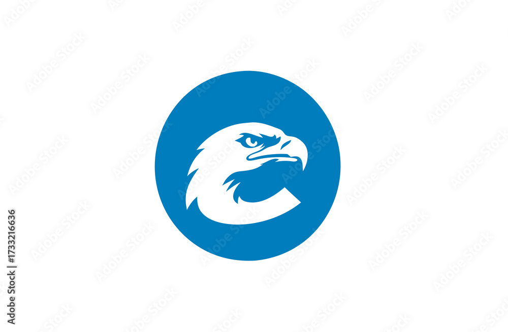 Obraz premium Stylized white eagle head graphic icon in a blue circle, symbolizing power, strength, and freedom on a clean white background. Vector illustration.