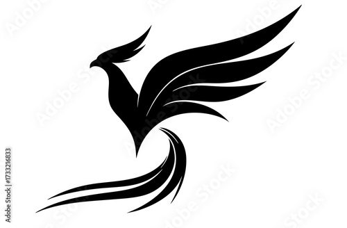 Majestic black phoenix silhouette flying, mythical bird of rebirth and power, elegant fantasy creature icon or logo element on white.