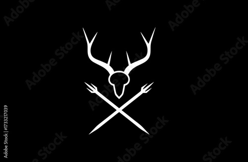 White deer skull with antlers and crossed pitchforks on black background, minimalist, symbolic, hunting emblem or wilderness crest