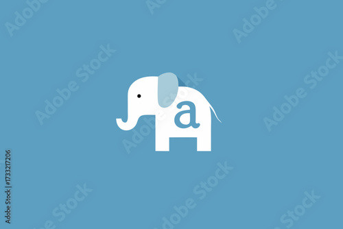 Cute white elephant illustration with a lowercase 'a' letter inside on a blue background. Simple flat design graphic for education and children.