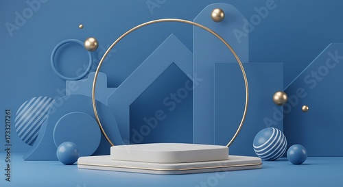Minimalist Blue Geometric Stage with Gold Accents and Spheres