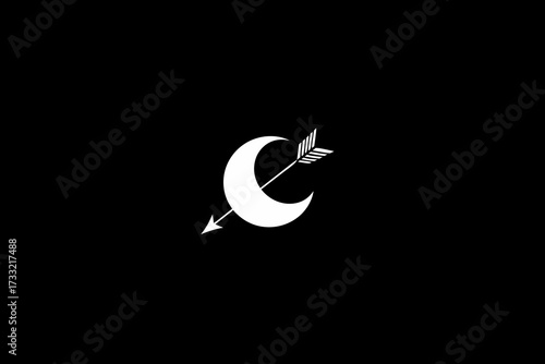 Modern minimal graphic of a white crescent moon pierced by an arrow symbol on a black background, elegant celestial icon