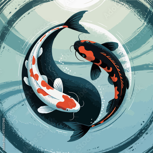 yin yang koi fish circle, flowing water waves, balanced harmony theme, traditional japanese style, tranquil meditation artwork, vector