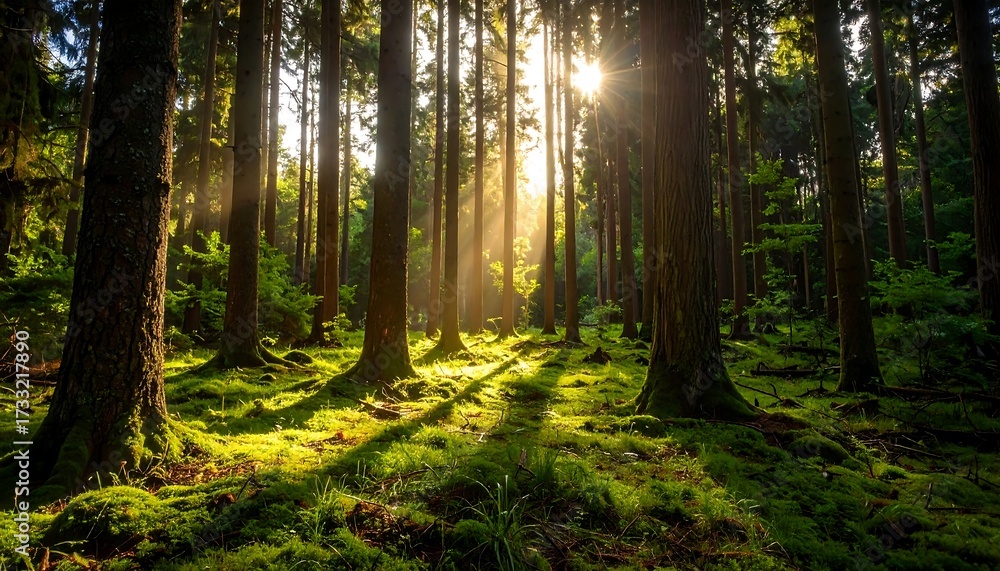 Fototapeta premium Sunlight streams through a lush forest (3)