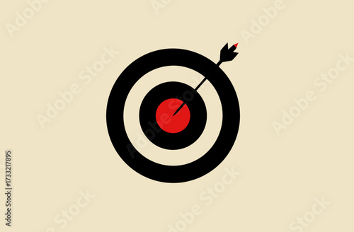 Minimalist graphic illustration of a bullseye target with an arrow hitting the red center, symbolizing business goals, success, precision, and focus.