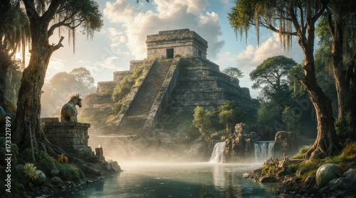 Ancient Mayan Temple Ruins with a Waterfall in the Jungle