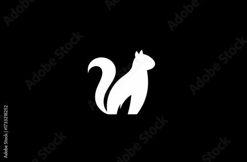 White squirrel silhouette on black background. Minimalist graphic illustration of a cute rodent with a bushy tail.