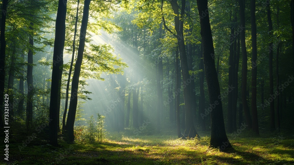 Obraz premium Sunlight beams through the trees in a misty forest. (1)