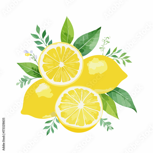 Watercolor lemon summer fruit collection, Italian citrus hand drawn wedding decor illustration.