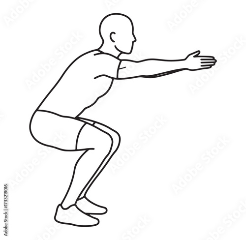 Simple line art illustration of a man performing a squat exercise for fitness