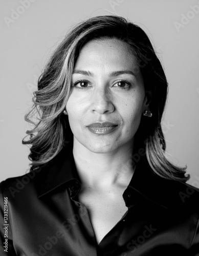 dynamic hispanic female marketing director silk blouse black and white headshot contemporary leadership portrait for creative marketing teams and executive bios