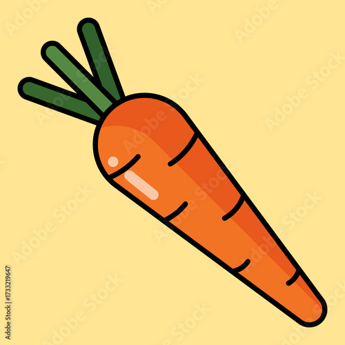 Cartoon illustration of a single carrot with green leaves on a yellow background. Simple and colorful design suitable for food and vegetable themes.