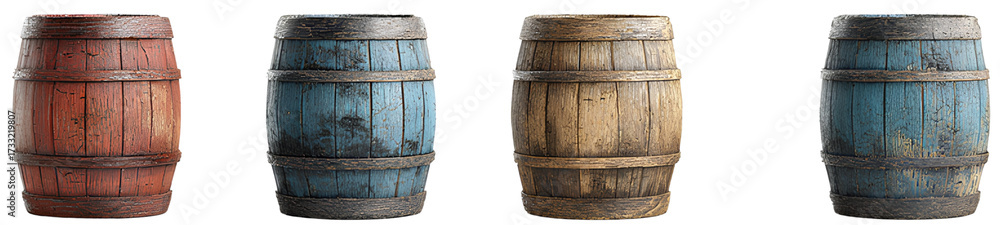 Obraz premium 3d model of different wooden barrels, Transparent background PNG 