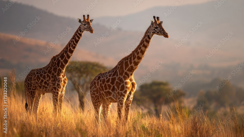 Obraz premium Two giraffes stand in tall golden grass under early morning light,