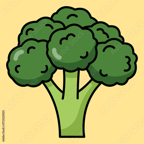 Cartoon illustration of a single broccoli on a yellow background. Simple and clean design suitable for food, vegetable, or healthy eating themes.