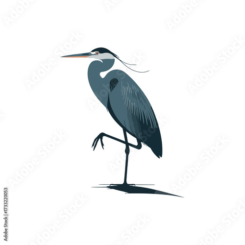 Minimal heron wading bird silhouette, long beak and legs, elegant marsh wildlife illustration, tranquil water, nature scene