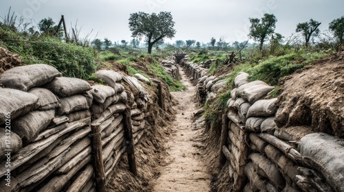 A dirt path through a trench with sandbags on either side, leading to a distant horizon with trees and a cloudy sky.