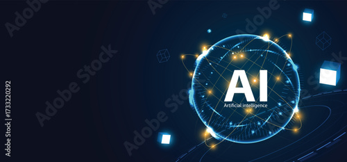 Futuristic AI globe with glowing digital connections and abstract cubes, representing artificial intelligence, data networks, machine learning, and modern high-tech innovation in a virtual cyber