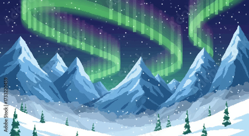 Vibrant Aurora Borealis over Snowy Mountain Peaks.