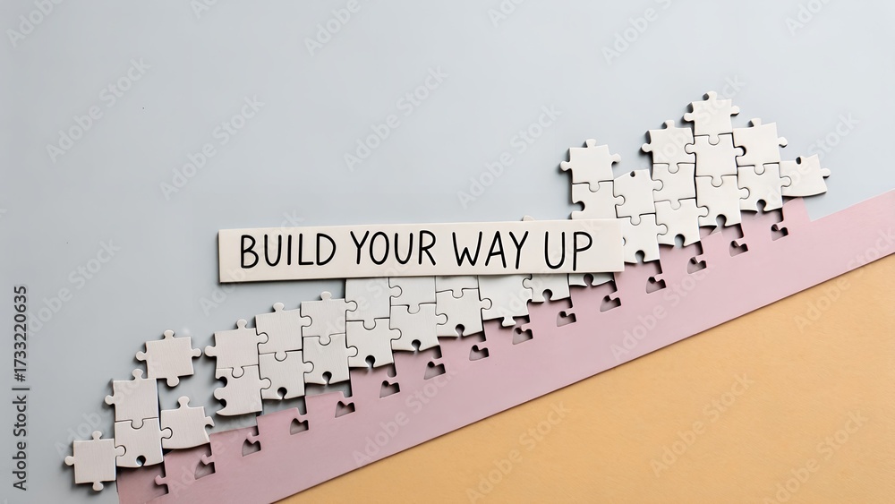 Fototapeta premium A wooden sign showing Build Your Way Up on a puzzle