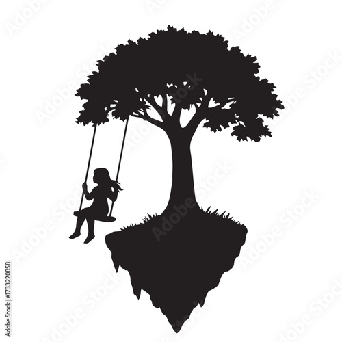 Black and white vector silhouette depicting little girl happily swinging from tree branch, minimal design emphasizing childhood memories, playfulness, and natural simplicity.