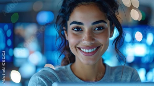 Wallpaper Mural Smiling woman using a tablet in a modern with hightech office environment. Torontodigital.ca