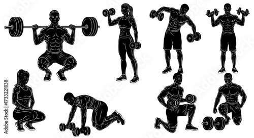 Silhouette illustrations of people exercising with weights, including squats, lunges, and dumbbell lifts.