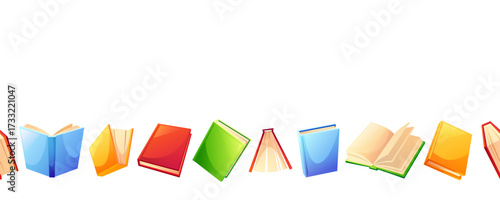 A horizontal seamless pattern of books in various colors, with open and closed books in various positions. A vibrant design, perfect for a bookstore, library, literary event, or in store sales.
